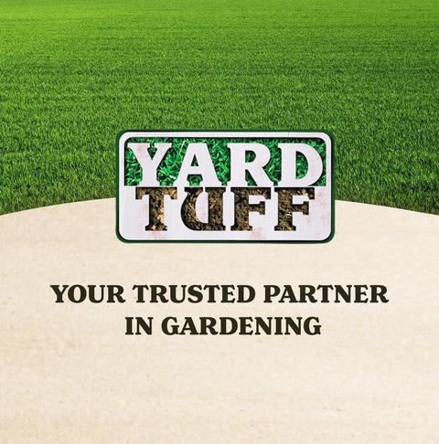 Yard Tuff logo with green grass background and text 'Your Trusted Partner in Gardening'