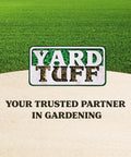 Yard Tuff logo with lush green lawn background and slogan 'Your Trusted Partner in Gardening' underneath.