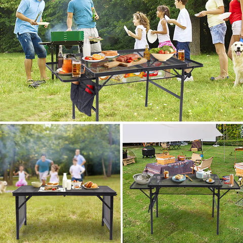 Folding Grill Table For Camping And Tailgating, Adjustable Height And Width, Metal Frame With Mesh Net in outdoor use.