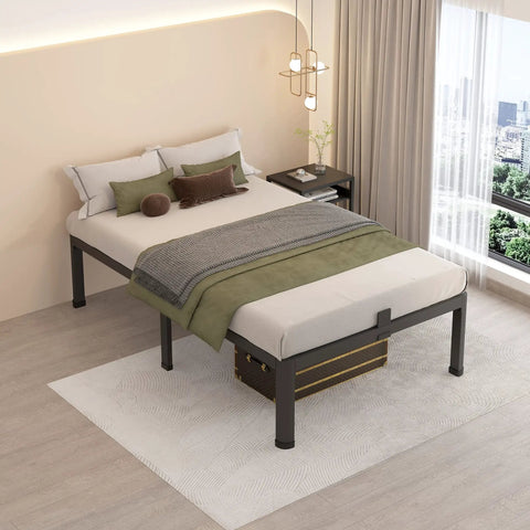 Heavy Duty Twin Bed Frame Built Different With Round Corner Legs And Mattress Slide Stopper Solid Steel Framework handles 3000 lbs easy black high profile zero box spring required smooth finish safe vibes ultimate bed setup in a modern bedroom.