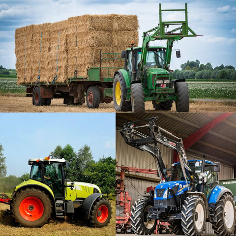 Three tractors: one with hay bales on a trailer, a green tractor with a front loader, and a blue tractor with machinery indoors.