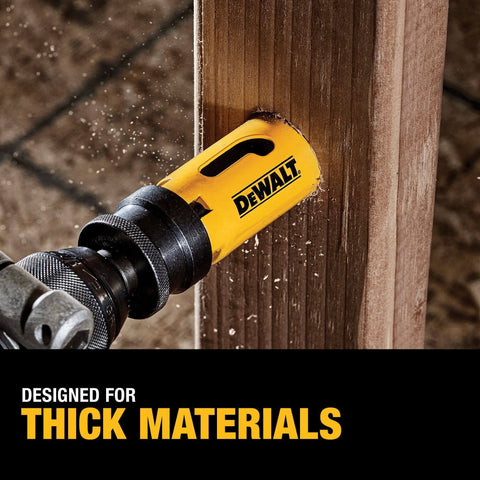 DeWALT hole saw kit attachment in yellow with black chuck, cutting through thick wood