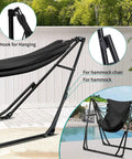 2 In 1 Hammock And Swing Chair With Foldable Stand Dope Portable Camping Gear showcasing black hammock setup in garden