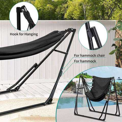 2 In 1 Hammock And Swing Chair With Foldable Stand Dope Portable Camping Gear showcasing black hammock setup in garden