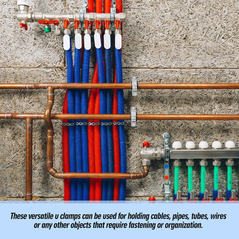 Image of pipes secured with 100 Pack 1 Inch Opening Stainless Steel Conduit Clamps 304 2 Hole U Brackets on a surface