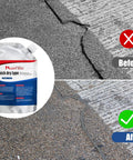 Before and after shot of Fast Drying Concrete Crack Filler Kit For Driveways And Foundations, Waterproof Self Leveling Cement Sealant For Indoor Outdoor Use, Pro Grade Crack Repair, Easy Curing, Three Piece Set applied on a driveway.