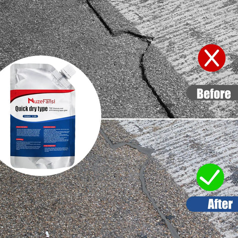 Before and after shot of Fast Drying Concrete Crack Filler Kit For Driveways And Foundations, Waterproof Self Leveling Cement Sealant For Indoor Outdoor Use, Pro Grade Crack Repair, Easy Curing, Three Piece Set applied on a driveway.