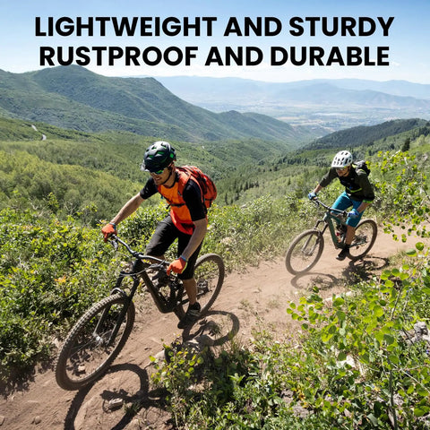 Two cyclists on a mountain trail showcasing the 7mm Aluminum Alloy Brake Lever Adjuster Kit For Mountain And Road Bikes.