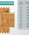 Wood Grain Foam Floor Tiles With Interlocking EVA Puzzle Mats And Borders, 24x24 inch dimensions, coverage chart displayed