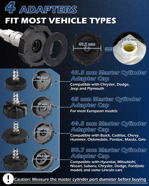 Four adapter caps for One Man Brake Bleeder Kit With 3L Reservoir And 1L Catch Bottle, showing compatibility with various vehicles.