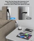Image showing Extra-Thin Flat Plug & Slim Extension Cord next to sofa and desktop, highlighting flush mount convenience.