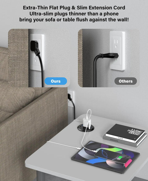 Image showing Extra-Thin Flat Plug & Slim Extension Cord next to sofa and desktop, highlighting flush mount convenience.