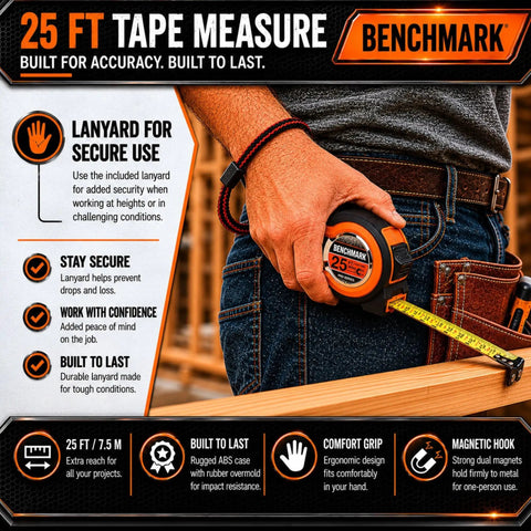 Person using Three Pack 25 Foot Tape Measures With Easy Read Fractions To One Eighth Inch, Magnetic Tip, on wooden surface