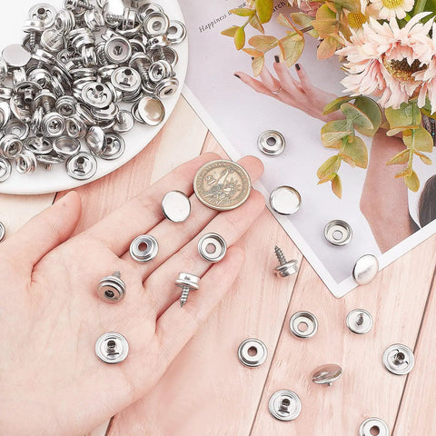 Badass Marine Grade Stainless Steel Snap Button And Rivet Fastener Kit For Boat Canvas Upholstery showing 30 snap fasteners in hand.