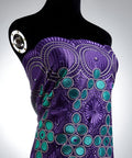 African Lace Fabric 5 Yards Jacquard Guipure Embroidery Floral Lace for Party Dress Sewing in purple with turquoise accents on mannequin