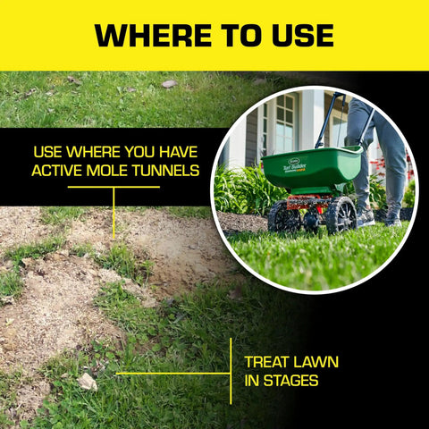 Castor Oil Based Mole And Gopher Repellent Granules For Lawn And Garden Kick Burrowers To The Curb With Ground Penetrating Technology Safe For Pets And Kids 4 Lbs being applied to a lawn with visible mole tunnels.