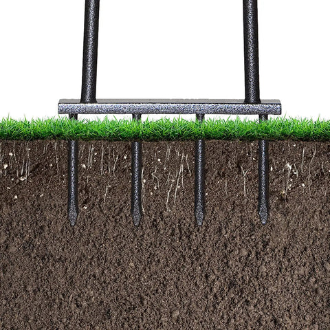 Beefy Spike Lawn Aerator Tool With 37 Inch Handle, manual aeration spikes penetrating soil to improve aeration.