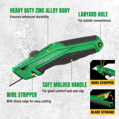 Beefy Retractable Utility Knife With SK2M TAC Tetracarbon Coated Blades And Zinc Alloy Handle For Clean Precise Cuts And Up To 28x Longer Blade Life For Everyday Use, green zinc alloy body