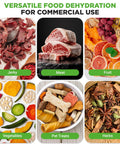 Electric Countertop Food Dehydrator With 900 Watt Motor And Ten Tier Stainless Steel Trays digital timer with jerky, meat, and vegetables