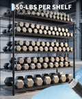 Flex Your Storage Space With This Badass Heavy Duty 5 Tier Metal Wire Shelving Rack Featuring No Wobble Steel Grid Construction And Ultra Tough Powder Coating That Handles A Whopping 3250 Lbs Easily For Any Home Or Warehouse Setup with hexagonal dumbbells on display.