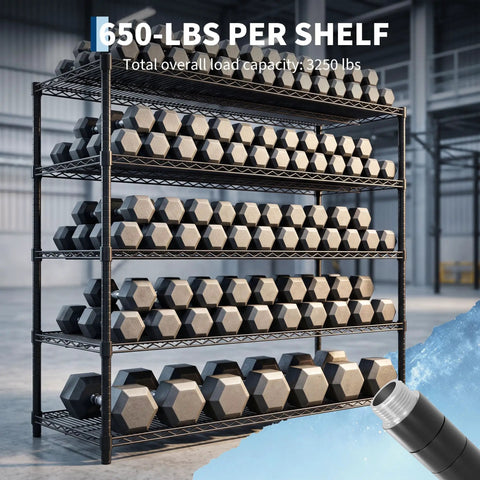 Flex Your Storage Space With This Badass Heavy Duty 5 Tier Metal Wire Shelving Rack Featuring No Wobble Steel Grid Construction And Ultra Tough Powder Coating That Handles A Whopping 3250 Lbs Easily For Any Home Or Warehouse Setup with hexagonal dumbbells on display.