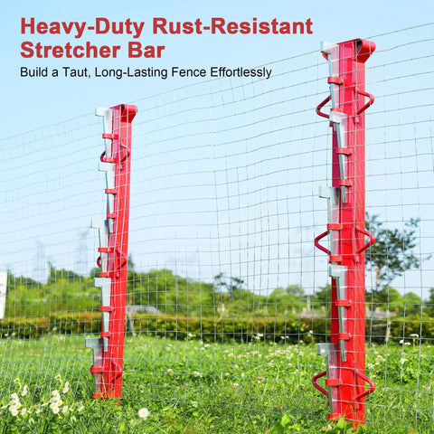 6-Foot Woven Wire Fence Stretcher Bar With 7 Wedges, Heavy-Duty Carbon Steel Fence Stretcher Tool with Red Anti-Corrosion Coating installed outdoors