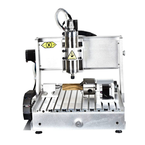 Heavy Hitter 3040 CNC Router With 2200W Spindle And Upgraded Fourth Axis Rotary, USB Enabled Wood Jade Aluminum Engraving Milling Machine, front view with wood piece.