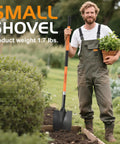 Man in garden holding Heavy Duty Spade Shovel For Digging 56 Inch Garden Shovel With Round Blade and plant