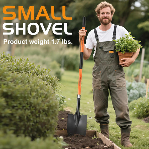 Man in garden holding Heavy Duty Spade Shovel For Digging 56 Inch Garden Shovel With Round Blade and plant
