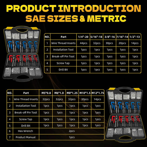 Open 322-Piece Pro Grade Helicoil Thread Repair Kit, SAE and Metric thread restorers, showing drill bits, taps, inserts, tools.