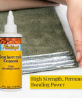 Quick Dry Leather Glue Cement With High Strength Flexible Bond For Leather Repairs On Jackets Shoes Furniture And Purses Non Toxic Non Flammable Water Based Adhesive For DIY Crafts, 4 oz bottle near leather surface