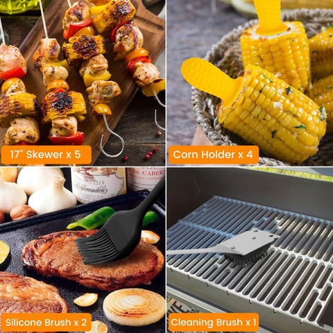 Grill Gear Set With 4-In-1 Spatula, Fork, Tongs And Brush, 10 Skewers, 8 Silicone Corn Holders, 2 Silicone Brushes, Food Grade Stainless Steel
