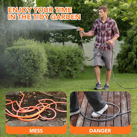 Man using Retractable Garden Hose Reel 1/2 Inch By 72 Feet Wall Mounted with 9 Function Sprayer in garden