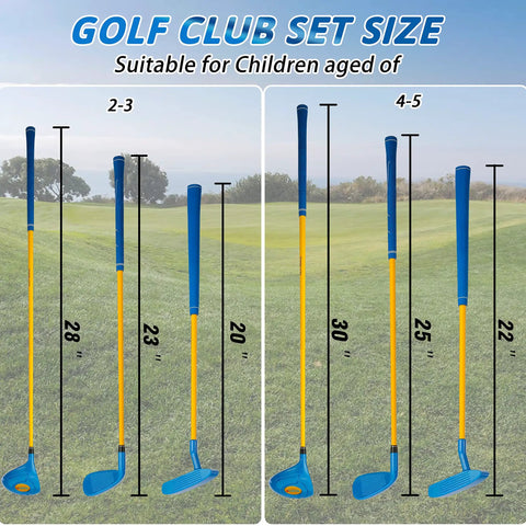 Kid Friendly Beginner Golf Club Set With Wood Iron And Putter, 3 Balls And Bag, Wide Hitting Area For Easy Swing, size chart for ages 2-5