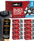 Super Strong Black Nitrile Gloves 1000 Count Large Disposable Latex Free Powder Free 4 Mil showing package and single glove.