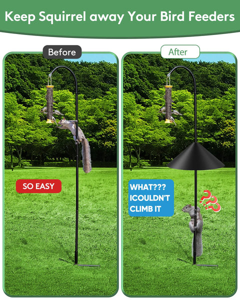 Before and after of 19 Inch Metal Squirrel Baffle for bird feeder poles; prevents squirrels from climbing hooks.