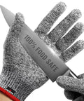 Premium Cut Resistant Kitchen Gloves Food Grade For Chefs And Butchers, Level Five Meat Cutting Gloves holding knife, 100% food safe label