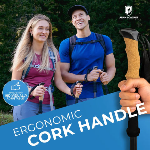 Hikers using Ultra Lightweight Aluminum Collapsible Trekking Poles With Cork Grips, Adjustable 39 To 47 Inches, ergonomic cork handle