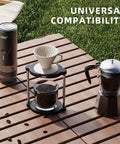 Proven Travel Espresso Stand And Universal Coffee Maker Rack With No Sweat Assembly For Drip Brewers And Portable Grinder Kits. Portable setup with coffee maker and cup.