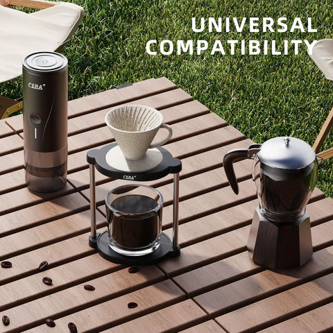 Proven Travel Espresso Stand And Universal Coffee Maker Rack With No Sweat Assembly For Drip Brewers And Portable Grinder Kits. Portable setup with coffee maker and cup.