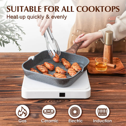 Nonstick Grill Pan For Stove Tops With Pour Spouts, Square 9.5 Inch Griddle used on induction cooktop indoors
