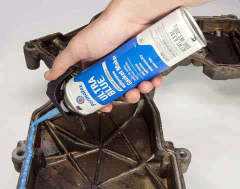 Sensor Safe Ultra Blue RTV Silicone Gasket Maker For Autos, 9.5 Oz PowerBead Can, Oil Resistant And Ultra Flexible Sealant That Handles Fluids And Vibration, Low Odor, Non-Corrosive, OEM Specified. Applying blue RTV on an engine cover