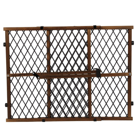 Position And Lock Adjustable Wood Baby Gate For Farmhouse Style Homes shown flat with tension mounting details