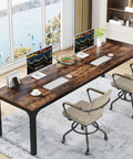 Extra Long 78.7 Inch Double Computer Desk For Two, sturdy MDF and iron frame, seats two, workspace setup, brown and black finish.