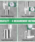 Dial Caliper 150mm Measuring Tool With Shockproof Design demonstrating external, internal, depth, and step measurements.