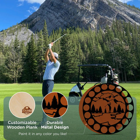 18 Ball Golf Ball Display Case Wall Mount With Metal And Wood Frame Custom Wooden Backing Drill Free Mounting outdoors with golfer