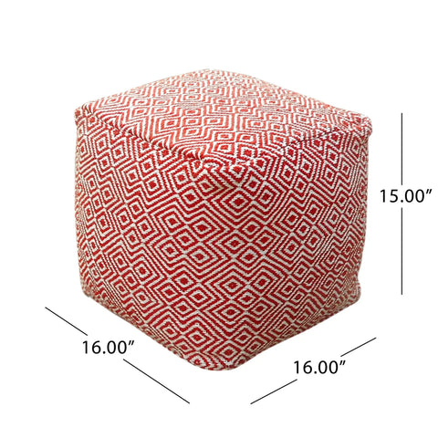 Alston Outdoor Modern Boho Pouf Ivory With Red Pattern Handcrafted Woven Concentric Diamond Design 16x16x16 inches
