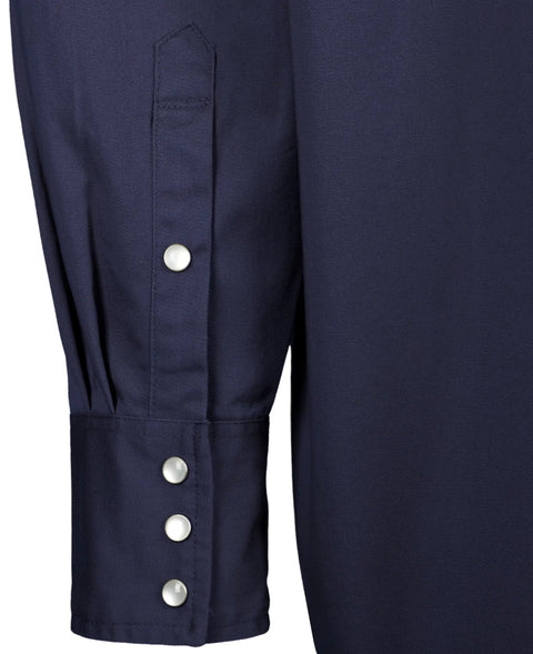 Men's Flame Resistant Welding Shirt With Pearl Snap Front, sleeve detail of navy 7.5oz 100 Percent Cotton FR Twill, HRC2