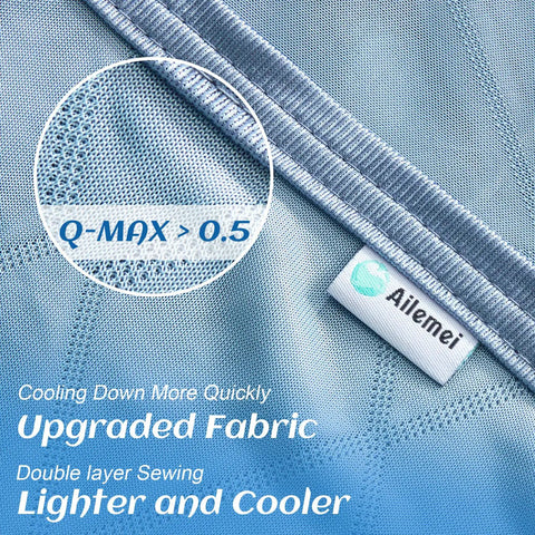 Close-up of Upgraded Jade Fiber Cooling Throw Blanket With Q Max 0.5, showcasing breathable fabric and Ailemei label.