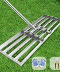 Lawn Leveling Rake 30x10 Inch, Professional Grade Leveler Tool With Stainless Steel Handle on grass, with gloves and shears